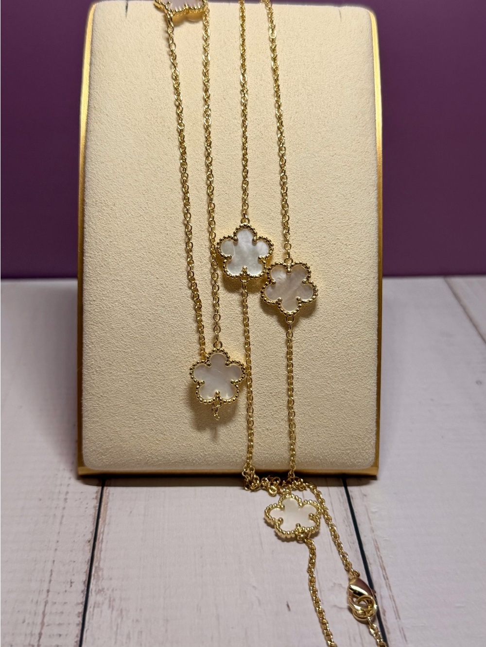 Adornia 14K Gold Plated Mother of Pearl Clover Station Necklace 36” NWT